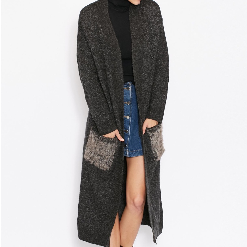 Mango Long Cardigan with Faux Fur Pockets